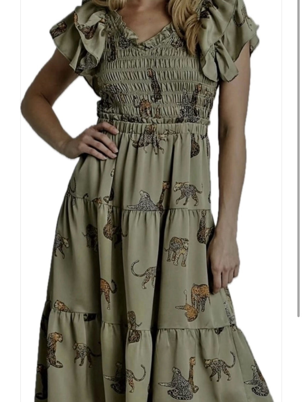 Umgee Olive Green Maxi Dress with Leopard Print smocked flutter sleeves - Picture 1 of 6